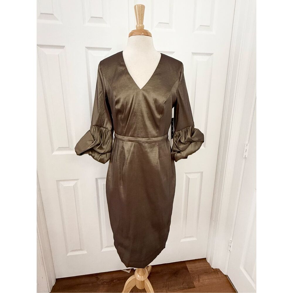 Posh Couture Baciami Metallic V-Neck Puff Sleeve Cocktail Dress Large NWT